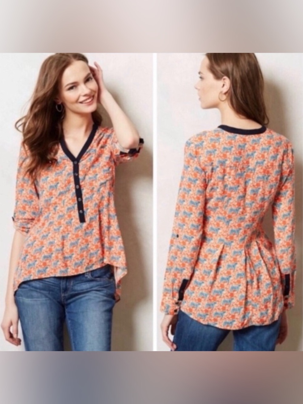 Anthropologie Honore Button Down Tiger Shirt, Orange and Blue